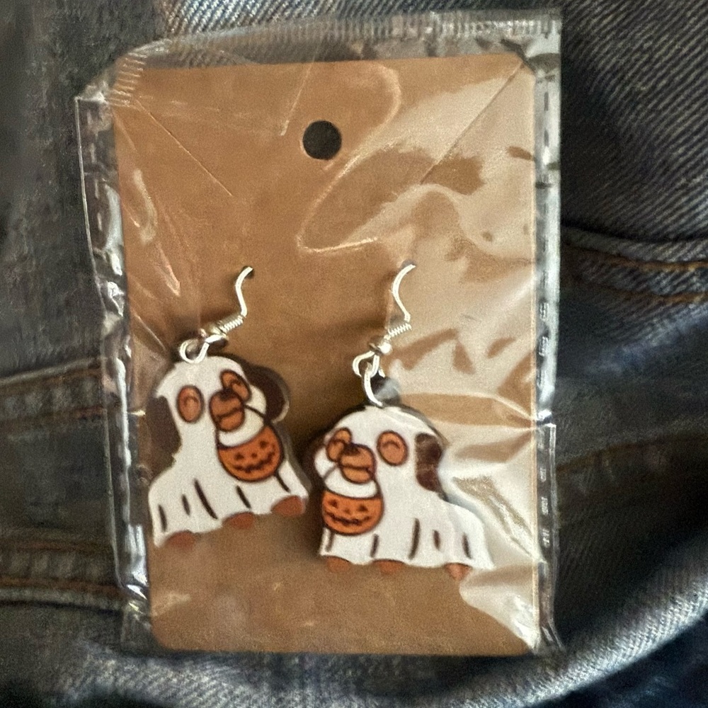 Halloween Ghost Dog Trick or Treat Earrings White Drop Earrings